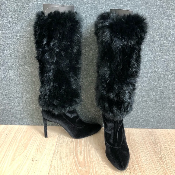 New w/Tags Giuseppe Zanotti Brand New 6 1/2 Black Fur and Velvet Heeled Boots - Picture 9 of 14